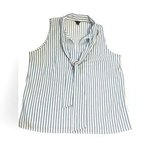Anne Taylor Tie V Neck Striped Sleeveless Blue White Top‎ Large Business Casual